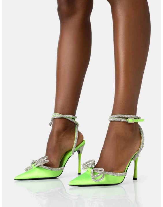 Midnight Neon Lime Satin Wrap Around Bow Pointed Toe Court Heels