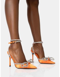Midnight Neon Orange Satin Wrap Around Bow Pointed Toe Court Heels