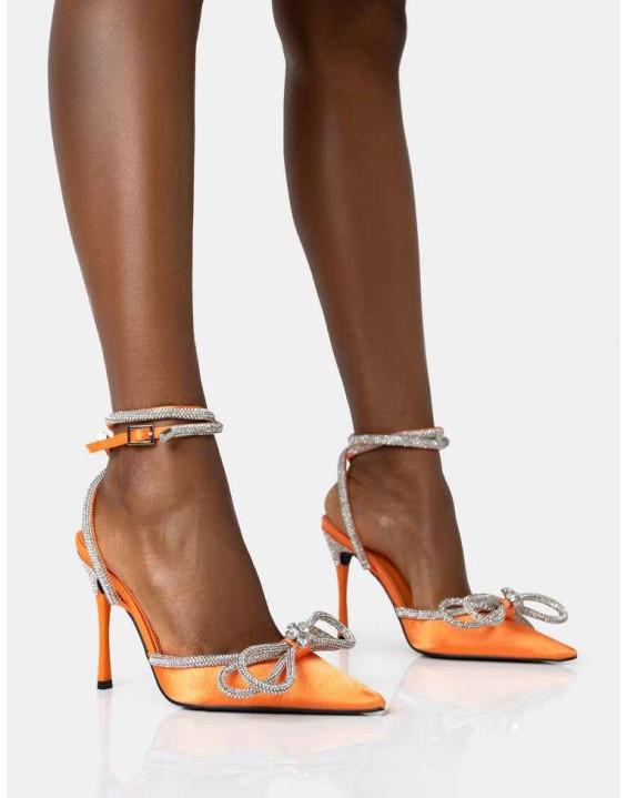 Midnight Neon Orange Satin Wrap Around Bow Pointed Toe Court Heels