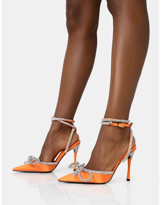 Midnight Neon Orange Satin Wrap Around Bow Pointed Toe Court Heels