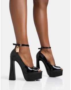 Formation Black Patent Padlock Detail Chunky Square Peep Toe Platform Heels