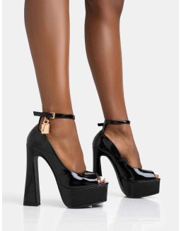 Formation Black Patent Padlock Detail Chunky Square Peep Toe Platform Heels