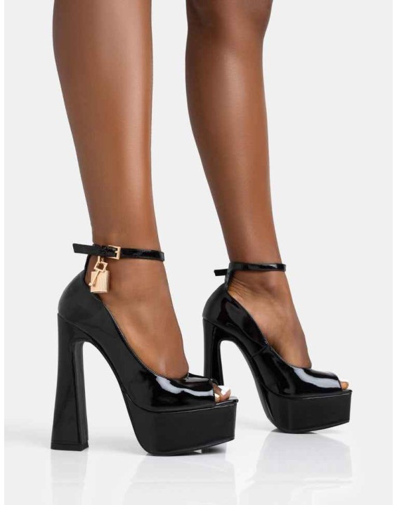 Formation Black Patent Padlock Detail Chunky Square Peep Toe Platform Heels