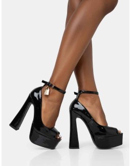 Formation Black Patent Padlock Detail Chunky Square Peep Toe Platform Heels