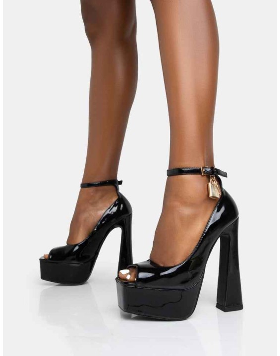 Formation Black Patent Padlock Detail Chunky Square Peep Toe Platform Heels