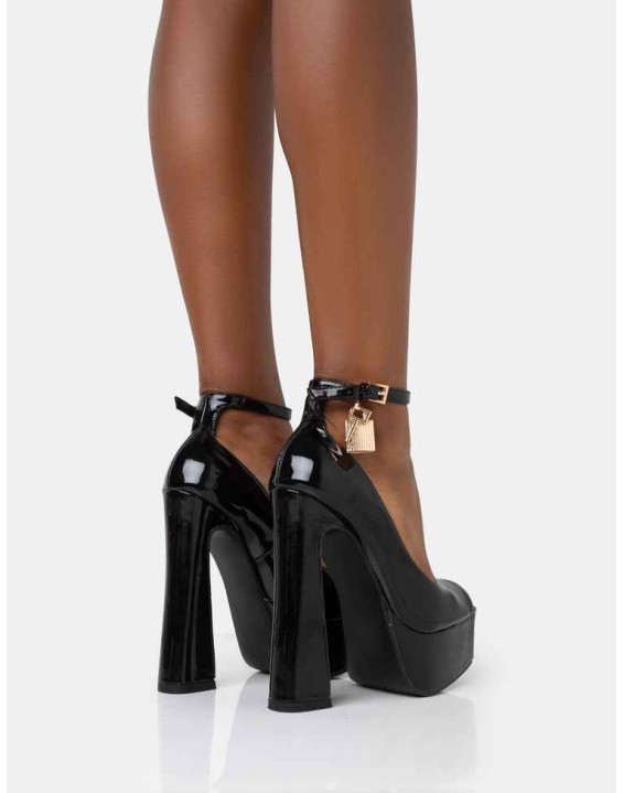 Formation Black Patent Padlock Detail Chunky Square Peep Toe Platform Heels