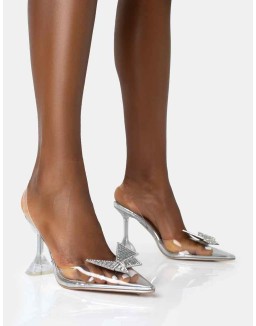 Stormi Silver Metallic Butterfly Diamante Slingback Court Stiletto Heels