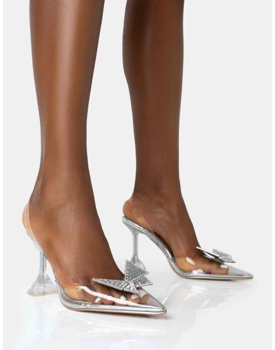 Stormi Silver Metallic Butterfly Diamante Slingback Court Stiletto Heels