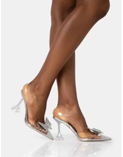 Stormi Silver Metallic Butterfly Diamante Slingback Court Stiletto Heels