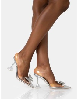 Stormi Silver Metallic Butterfly Diamante Slingback Court Stiletto Heels
