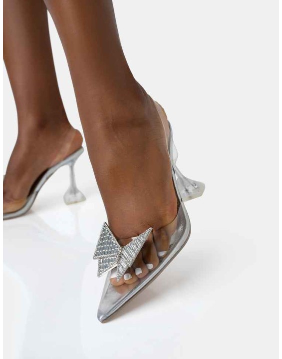 Stormi Silver Metallic Butterfly Diamante Slingback Court Stiletto Heels