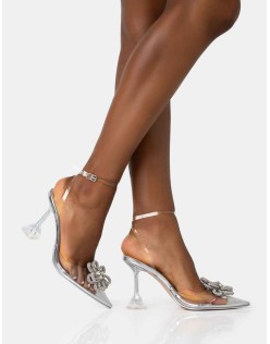 Vibez Silver Mirror Metallic Diamante Flower Broach Strappy Perspex Cake Stand Pointed Toe Heels