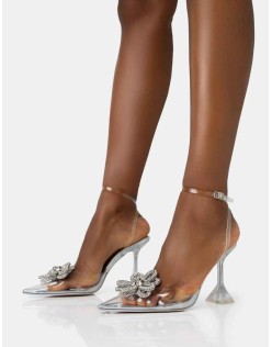 Vibez Silver Mirror Metallic Diamante Flower Broach Strappy Perspex Cake Stand Pointed Toe Heels