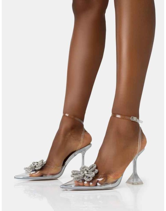 Vibez Silver Mirror Metallic Diamante Flower Broach Strappy Perspex Cake Stand Pointed Toe Heels