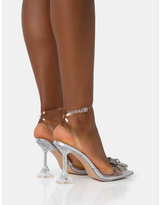 Vibez Silver Mirror Metallic Diamante Flower Broach Strappy Perspex Cake Stand Pointed Toe Heels