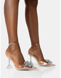 Vibez Nude Patent Diamante Flower Broach Strappy Perspex Cake Stand Pointed Toe Heels