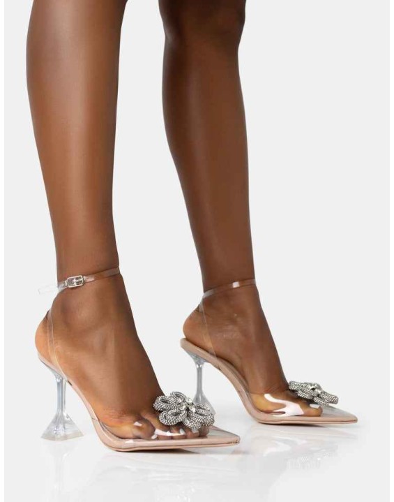 Vibez Nude Patent Diamante Flower Broach Strappy Perspex Cake Stand Pointed Toe Heels