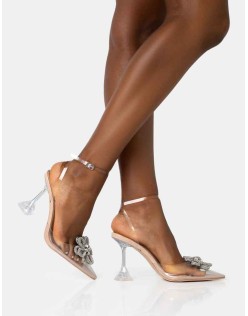 Vibez Nude Patent Diamante Flower Broach Strappy Perspex Cake Stand Pointed Toe Heels