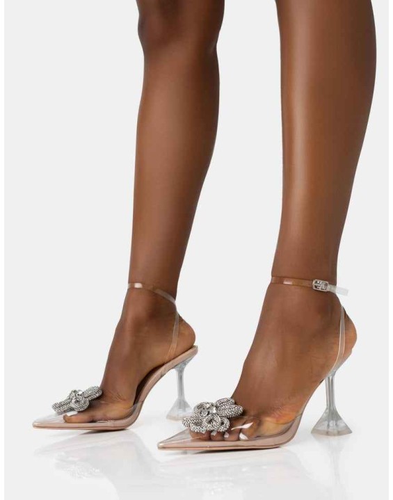 Vibez Nude Patent Diamante Flower Broach Strappy Perspex Cake Stand Pointed Toe Heels