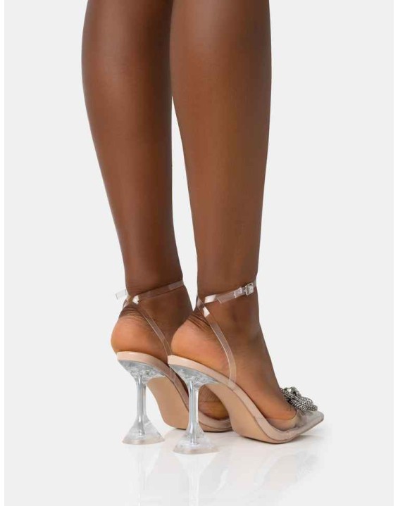Vibez Nude Patent Diamante Flower Broach Strappy Perspex Cake Stand Pointed Toe Heels
