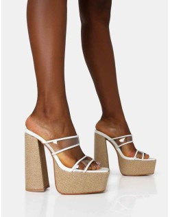 Carley White Perspex Mule Square Toe Platform Raffia Block Heels