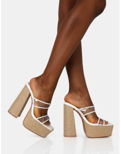 Carley White Perspex Mule Square Toe Platform Raffia Block Heels