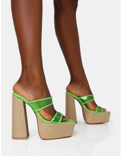 Carley Neon Lime Perspex Mule Square Toe Platform Raffia Block Heels