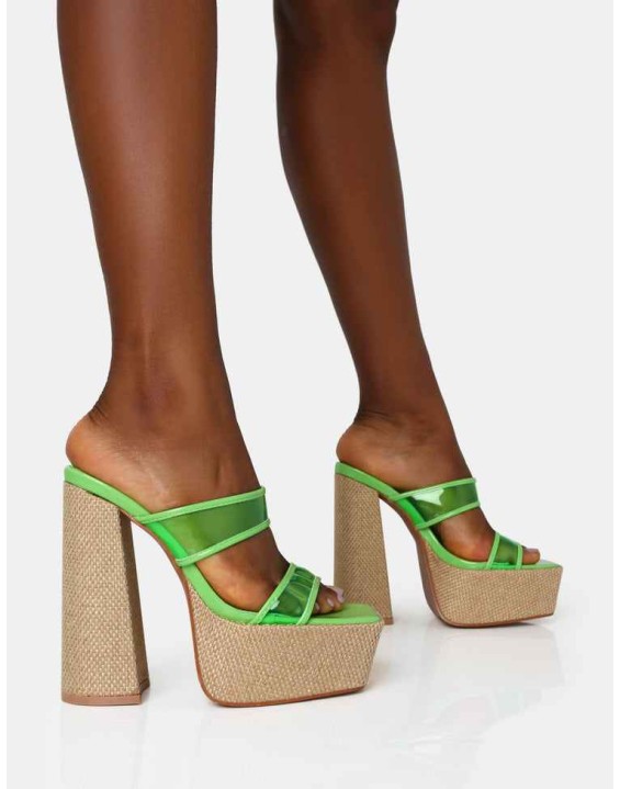 Carley Neon Lime Perspex Mule Square Toe Platform Raffia Block Heels
