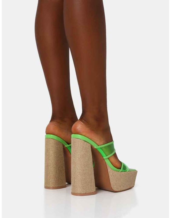 Carley Neon Lime Perspex Mule Square Toe Platform Raffia Block Heels