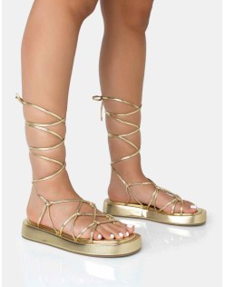 Babygirl Gold Flatform Lace Up Sandals
