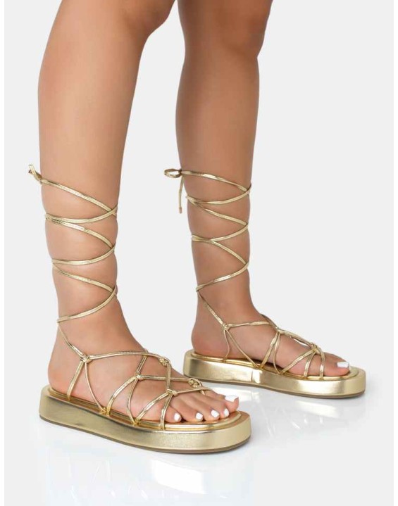 Babygirl Gold Flatform Lace Up Sandals
