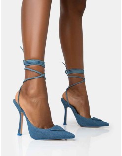 Vada Blue Denim Slingback Lace Up Pointed Toe Stiletto Heels