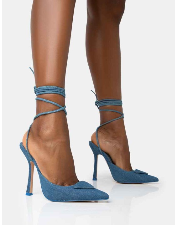 Vada Blue Denim Slingback Lace Up Pointed Toe Stiletto Heels