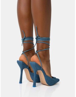 Vada Blue Denim Slingback Lace Up Pointed Toe Stiletto Heels