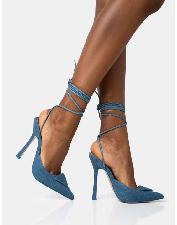 Vada Blue Denim Slingback Lace Up Pointed Toe Stiletto Heels