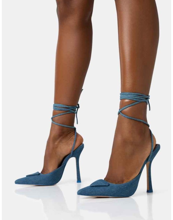 Vada Blue Denim Slingback Lace Up Pointed Toe Stiletto Heels