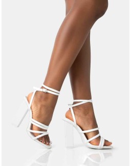 Tobi Wide Fit Ecru Patent Strappy Square Toe High Block Heels