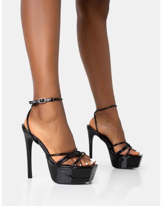 Afterhours Black Patent Strappy Platform Square Toe Stiletto Heels