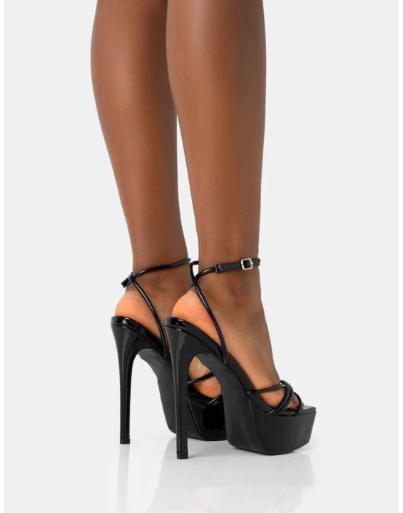 Afterhours Black Patent Strappy Platform Square Toe Stiletto Heels