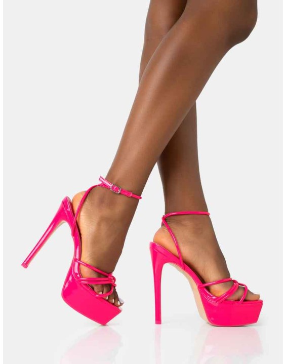 Afterhours Hot Pink Patent Strappy Platform Square Toe Stiletto Heels