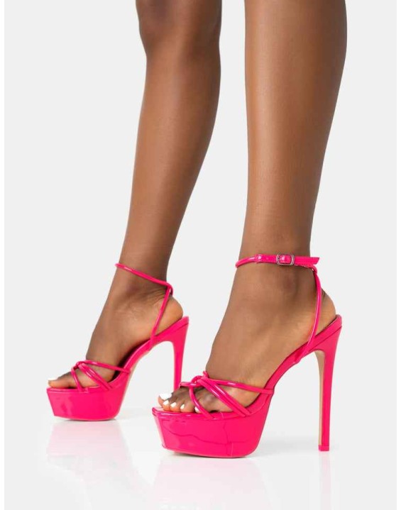 Afterhours Hot Pink Patent Strappy Platform Square Toe Stiletto Heels