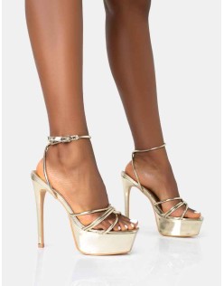 Afterhours Gold Strappy Platform Square Toe Stiletto Heels