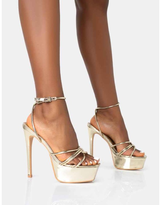 Afterhours Gold Strappy Platform Square Toe Stiletto Heels