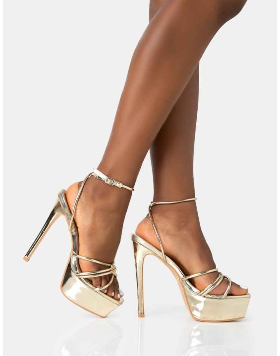 Afterhours Gold Strappy Platform Square Toe Stiletto Heels