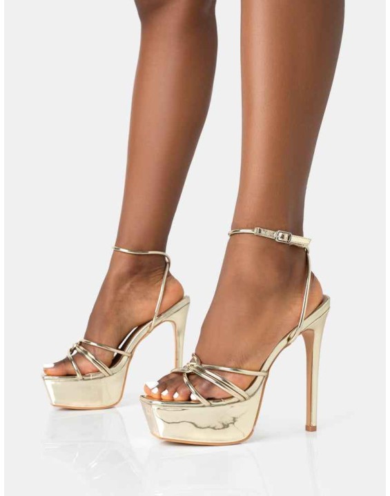 Afterhours Gold Strappy Platform Square Toe Stiletto Heels