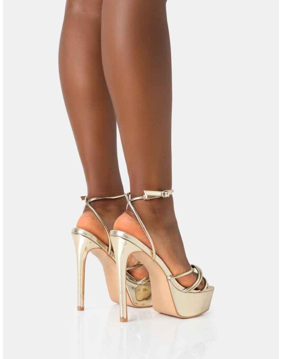 Afterhours Gold Strappy Platform Square Toe Stiletto Heels