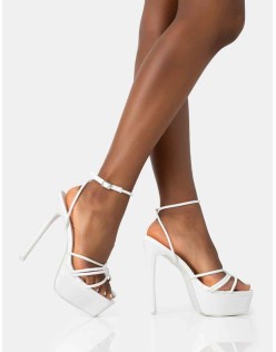 Afterhours White Patent Strappy Platform Square Toe Stiletto Heels