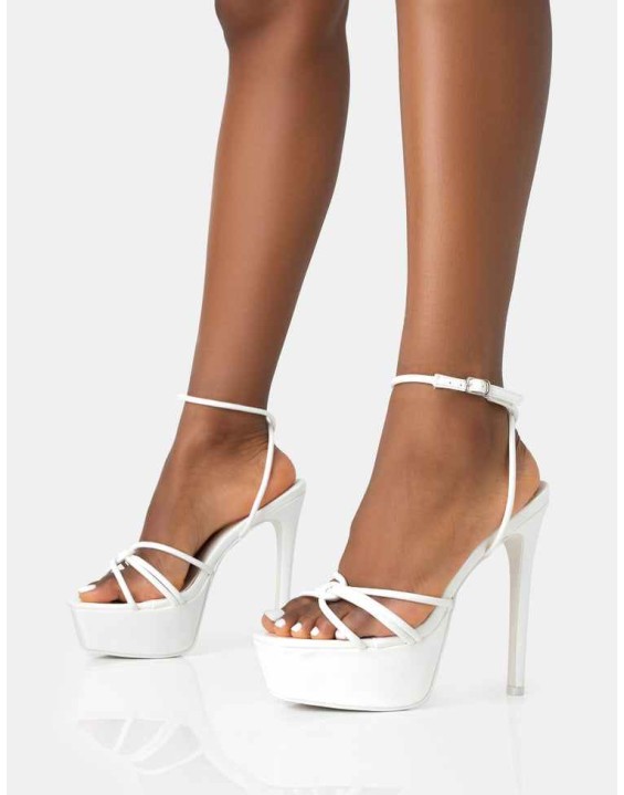 Afterhours White Patent Strappy Platform Square Toe Stiletto Heels