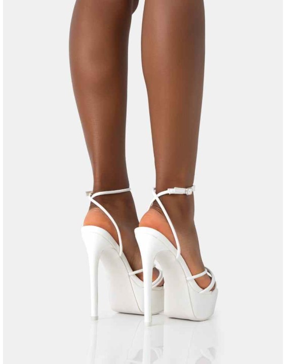 Afterhours White Patent Strappy Platform Square Toe Stiletto Heels