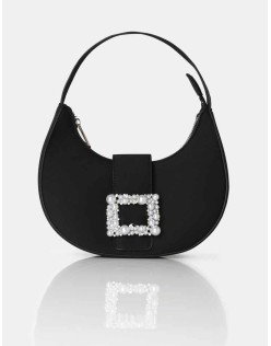 The Pearl Black Satin Pearled Buckle Mini Bag
